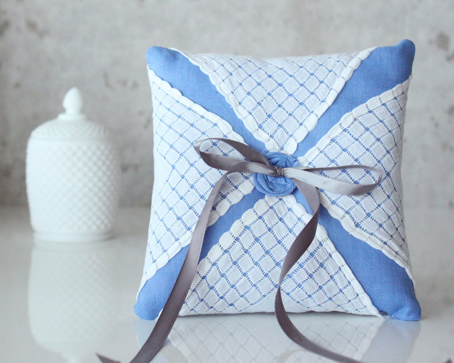 Ring Bearer Pillow, Something Blue, vintage lace and linen