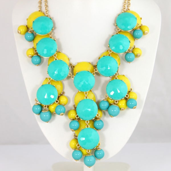 NEW 2 Piece Yellow and Turquoise Blue Bubble Necklace,Handmade Bib Necklace,Statement Neckalce-BN017