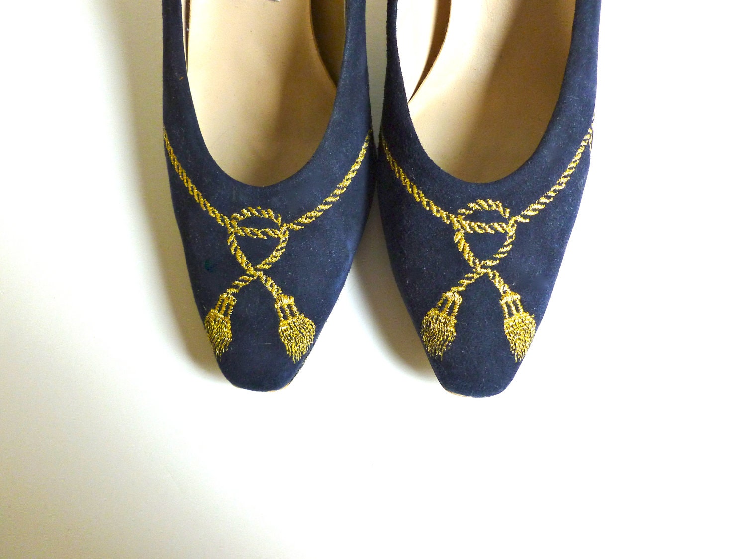 Vintage Nautical Navy Blue Suede Spiegel Heels with Gold Rope Detail Size 7/7.5 M
