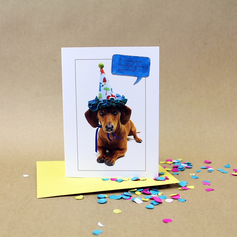 Confetti Birthday Card // Dachshund with Party Hat // Funny Greeting