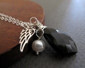 Angel Wing Necklace, Rememberance Jewelry, Sterling Silver Necklace Black Gemstone Charm