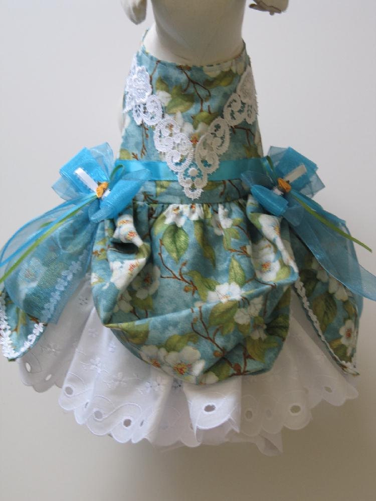 Dog Dress, Hat & Leash Set - Teal Floral Victorian