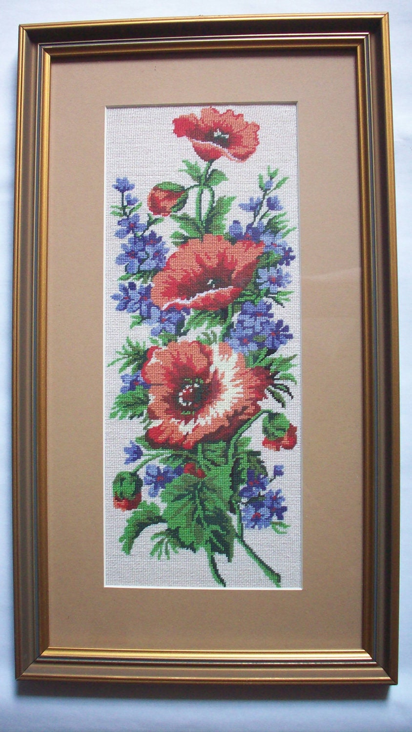 Handsewn Wild Flowers with Poppies - glass framed cross stitch embroidery