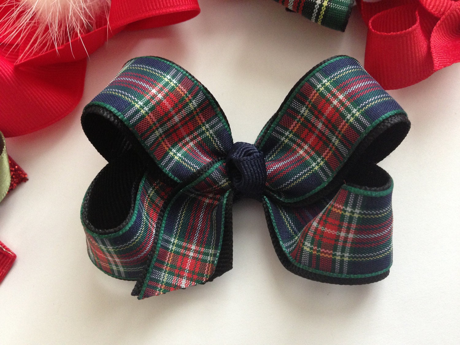 Tartan Boutique Hair Bow - Baby Hair Bow - Navy Red plaid - 3 Inch Non Slip Hair Clip - Babies, Toddlers, Girls