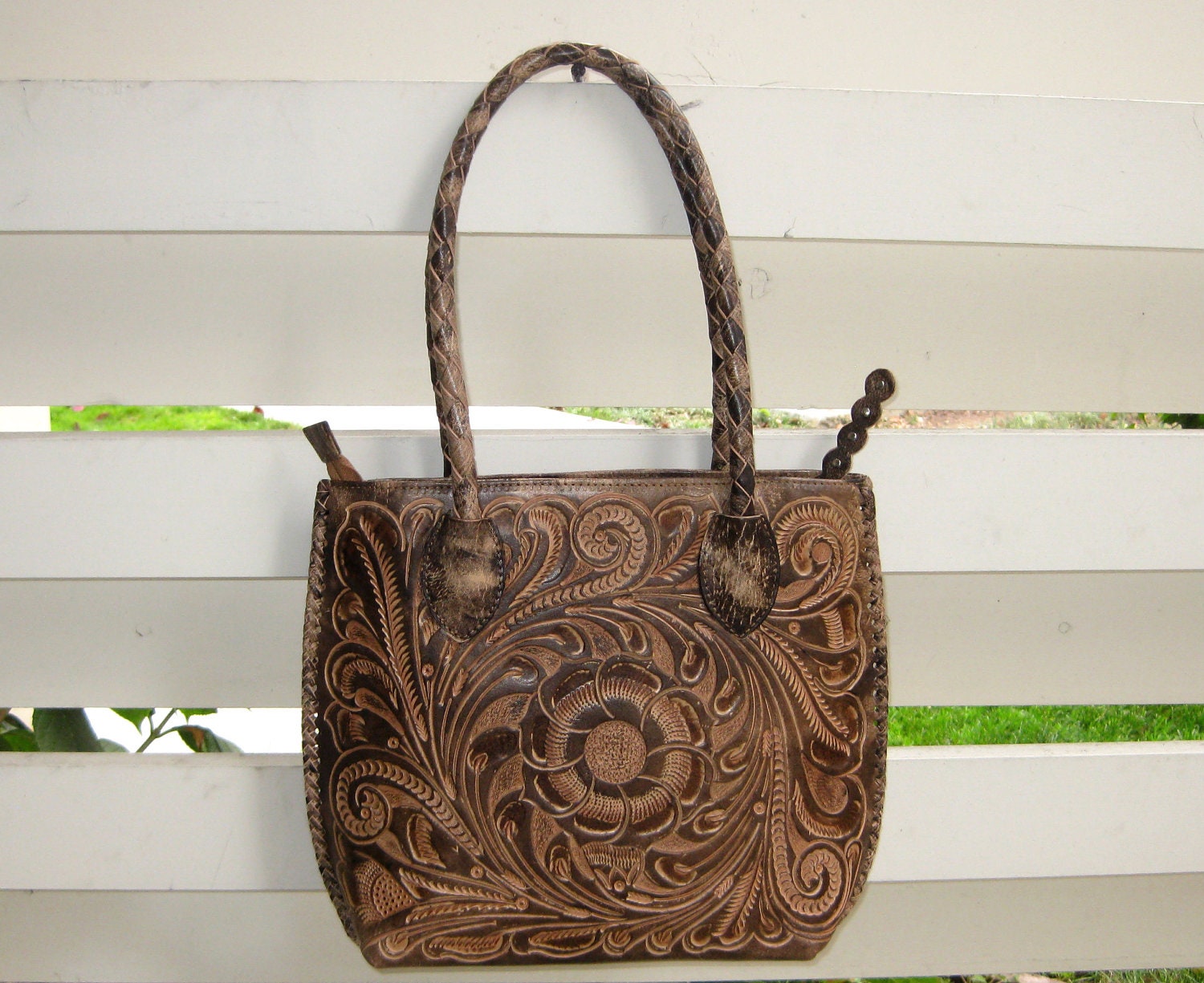 Unique Brown rustic  Hand Tooled Leather   Purse