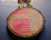 Hand-Painted Christmas Tree Ornament - Wood Slice - Neon Pink and Gold