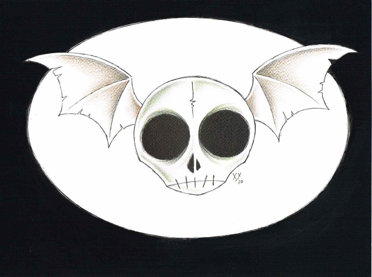 Original Illustration, Winged Skull, Bat, Wings, Picture, Art, Ink, Pencil, Acrylic, 24 x 32 cm, Horror, Old School, Tattoo Design