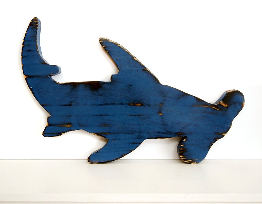 Hammerhead Shark in Navy Pine Wood Sign Wall Decor Rustic Americana Nautical Coastal Country Chic Photo prop