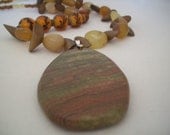 Earthtone agate stone pendant, and glass and wood beaded necklace