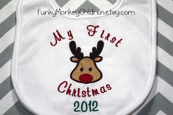 Baby's First Christmas Reindeer Bib - Can be personalized with monogram of baby's name