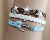 Handmade Silver anchor starfish bracelet, light blue flocking leather bracelet Brown White braided leather bracelet