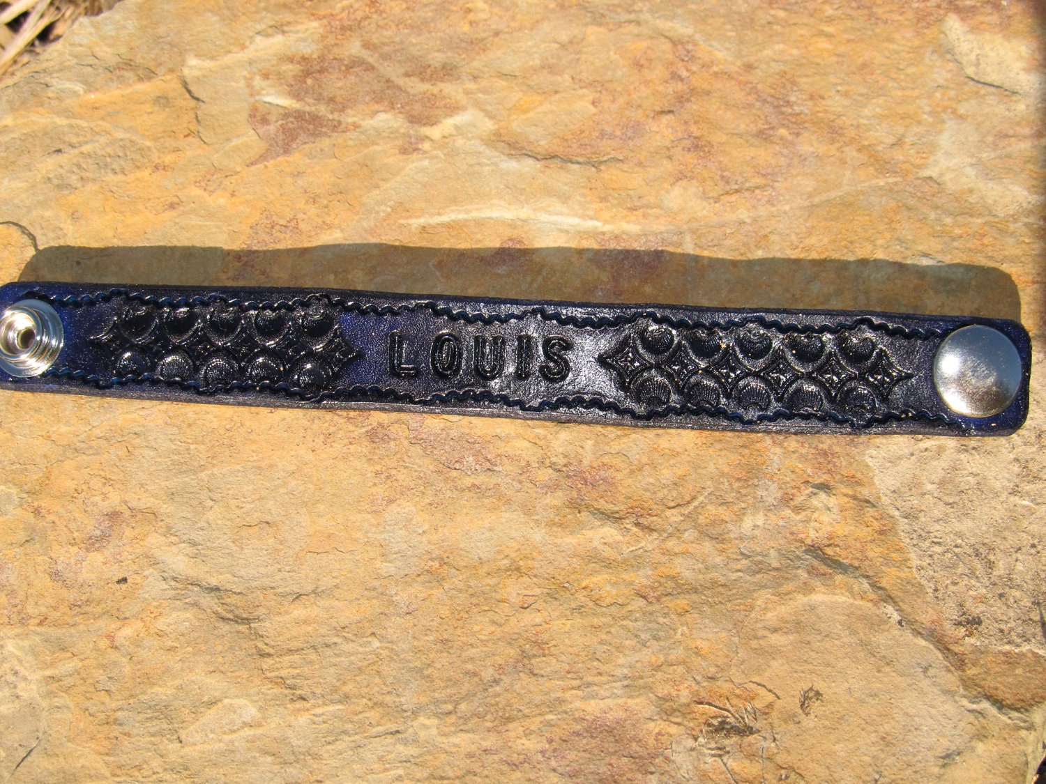 Leather Tooled Bracelet Cuff - Blue - Men Women or Kids - Personalized for FREE