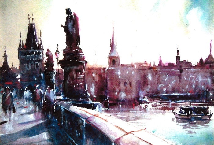 Print from Original Watercolor Illustration Cityscape City Art Painting tittled Charles Bridge