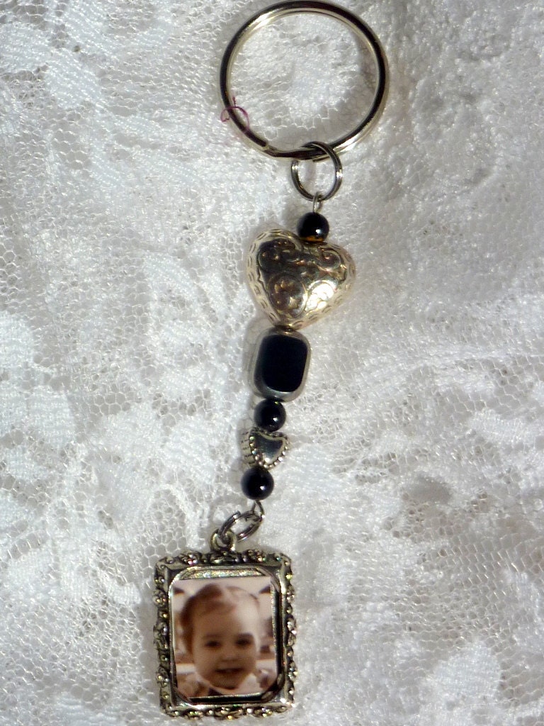 Beaded Key chain,Black Onyx, Silver Hearts, Silver Picture Frame.