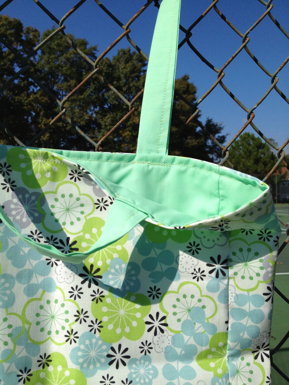 Reversible Tote Bag Mint Floral Print