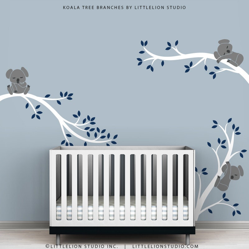 Children's Wall Decal Tree Branches Blue White Sticker Baby Room Decor - Koala Tree Branches by LittleLion Studio