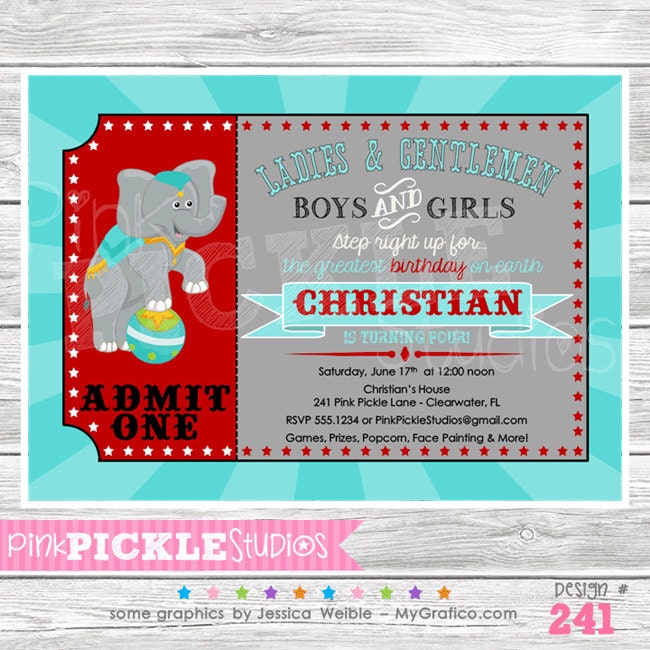 Red & Teal Circus : 241... Birthday Party Invitation OR Thank You Card ...Printable / Digital / You Print / DIY / jpg or pdf