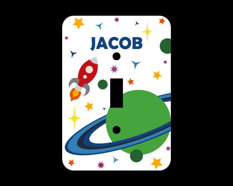 Space Planet Light Switch Cover Plate - Single or Double Toggle - Personalized Custom Name - Metal - Blue, Black, Green, or Red