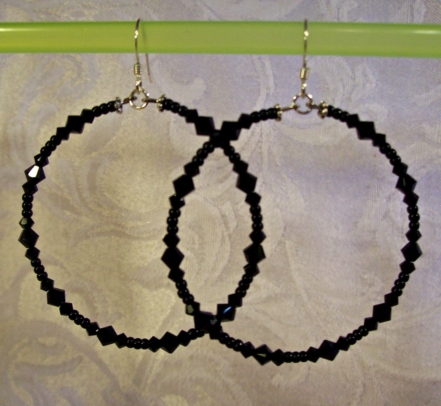 Black Swarovski crystal Hoop Earrings with sterling silver french hooks