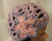 Hand Crocheted Girl Beanie Hat Handmade Child Teen Accessory Pink and Mauve with Flower and Button
