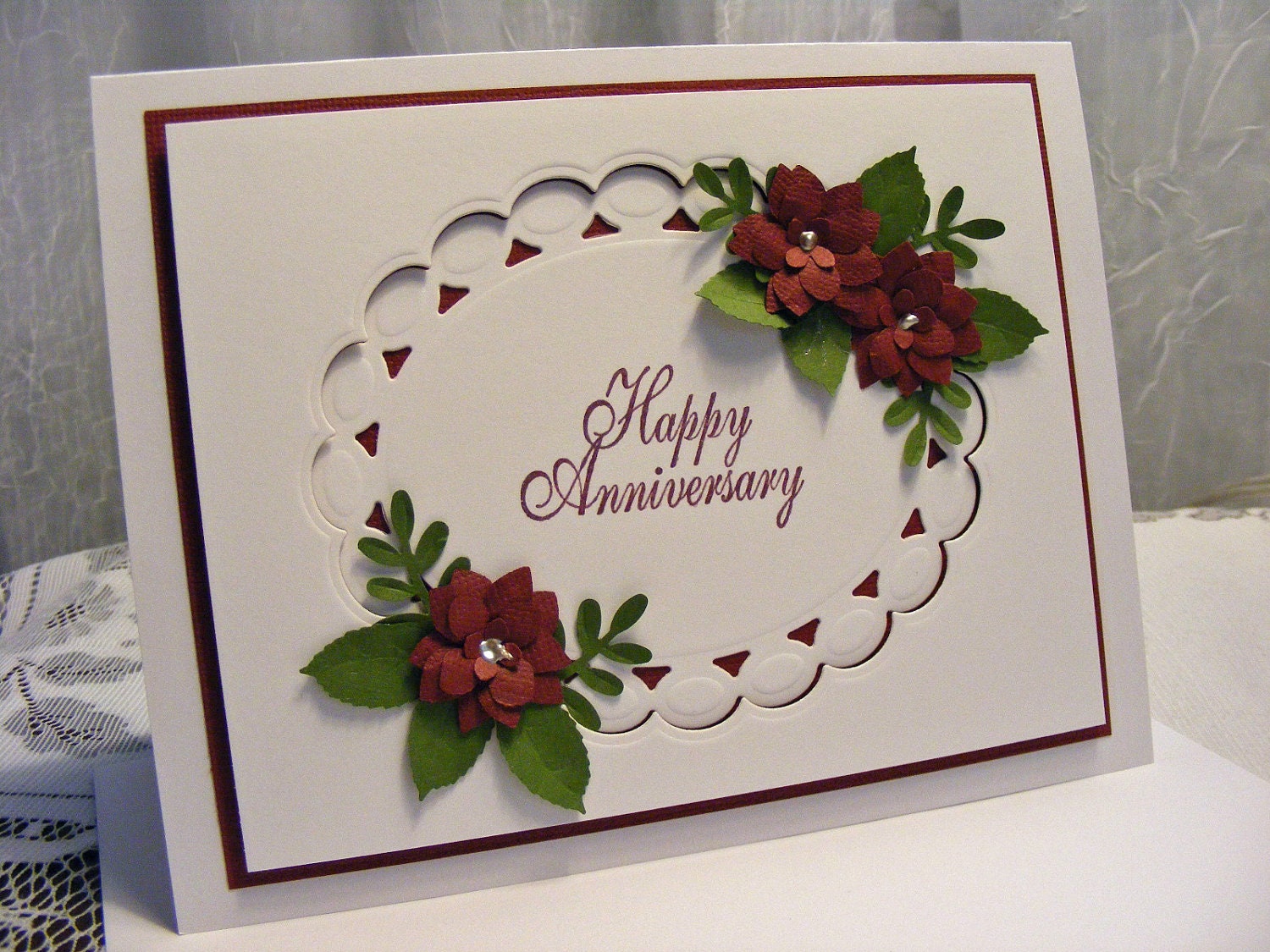 Elegant Handmade Anniversary Card with 3D maroon flowers