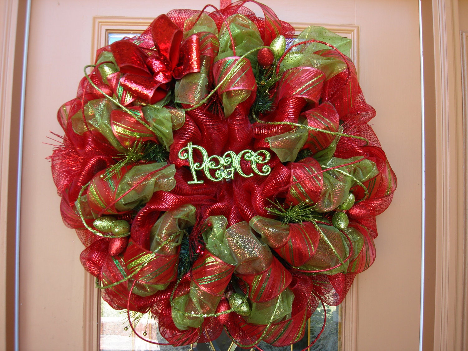 SALE...Christmas Wreath, Deco Mesh Wreath, Wreath, Green and Red Holiday Peace Wreath