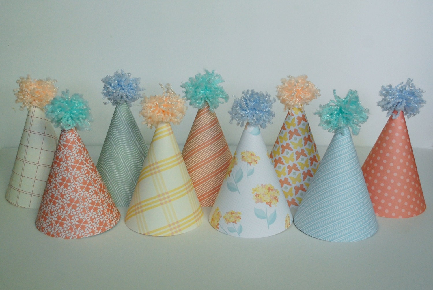 custom party HATS -- yarn pom pom toppers -- JUST PEACHY collection