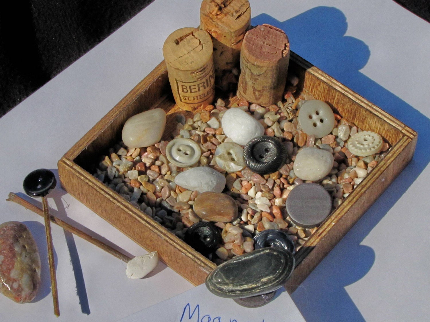 Zen Garden with Handmade Zen Rake and Poker made from vintage buttons and Worry Stone ,Desk Decor, Miniature , memo holder, Paperclip holder