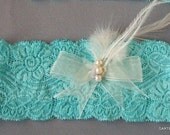 Wedding Bridal Garter, 1 Tiffany Blue Garter, blue,  silk bow feather, pearls, SOMETHING BLUE