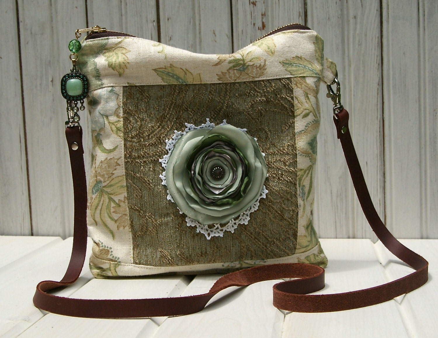 Earthy Crossover Bag Purse Flowers Beads Leather Strap Lace Rhinestone