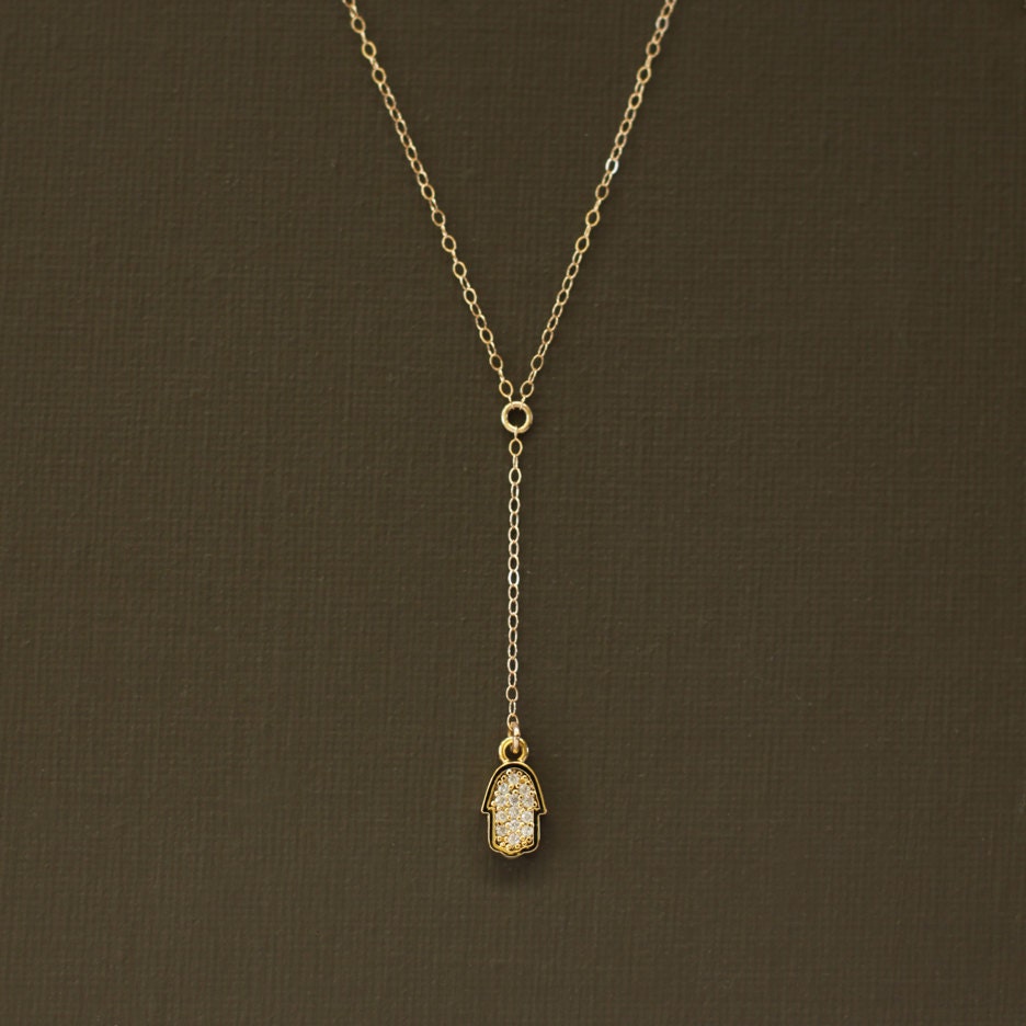 Delicate Rosary Necklace with Pave Hamsa Charm
