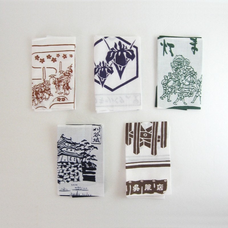 5 Vintage Japanese Prints on White Cotton - Home Decor - Art - Graphic Design