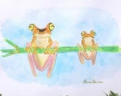 Original watercolor with a couple of tree frogs. Green, yellow, blue, nectarine, lemon. Mom and baby. for him. Prince and Princess Valentine - MarinaVita