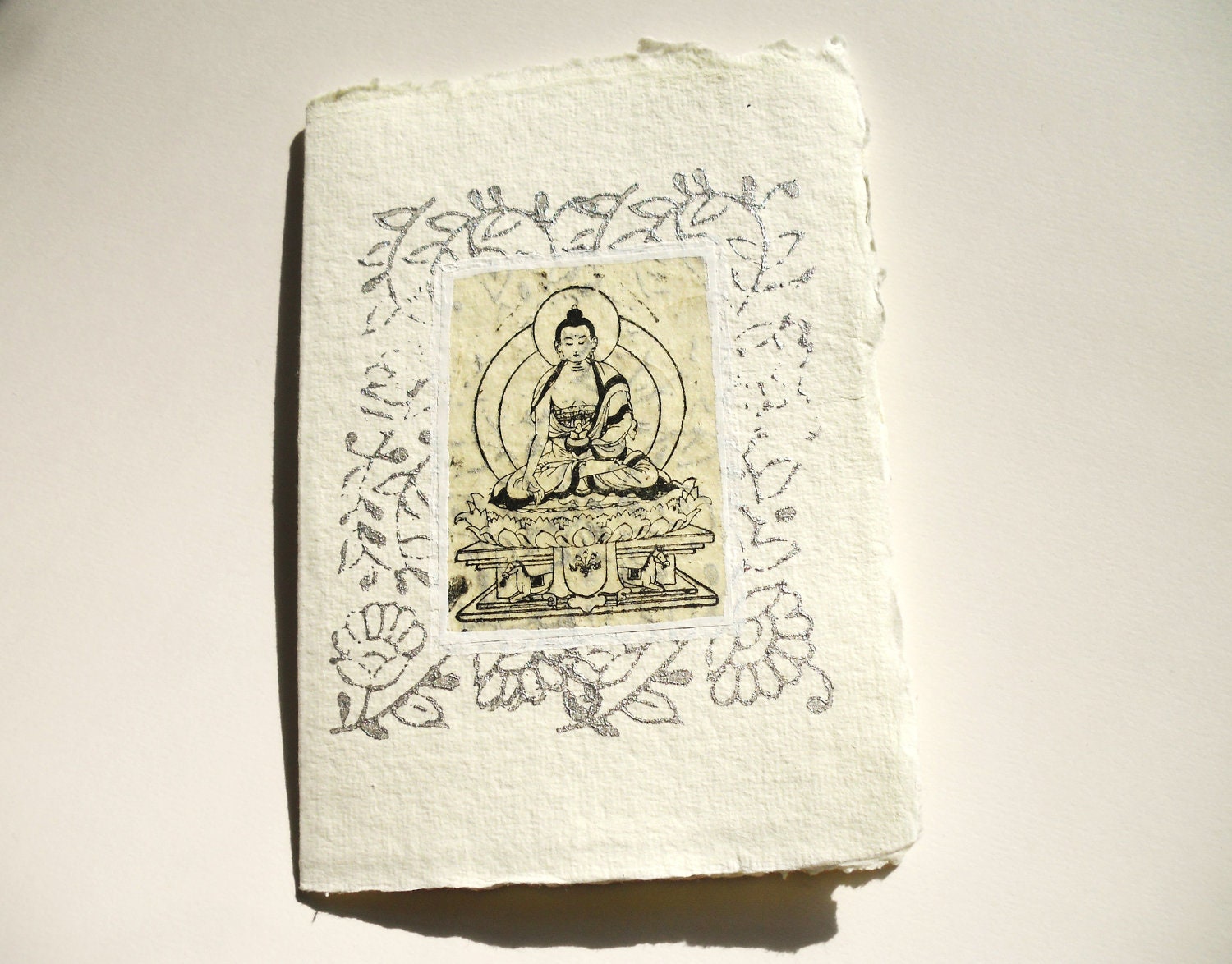 Handmade paper card, Buddha, luxurious card, eco friendly card, black & white print, silver floral pattern, yoga art, meditation