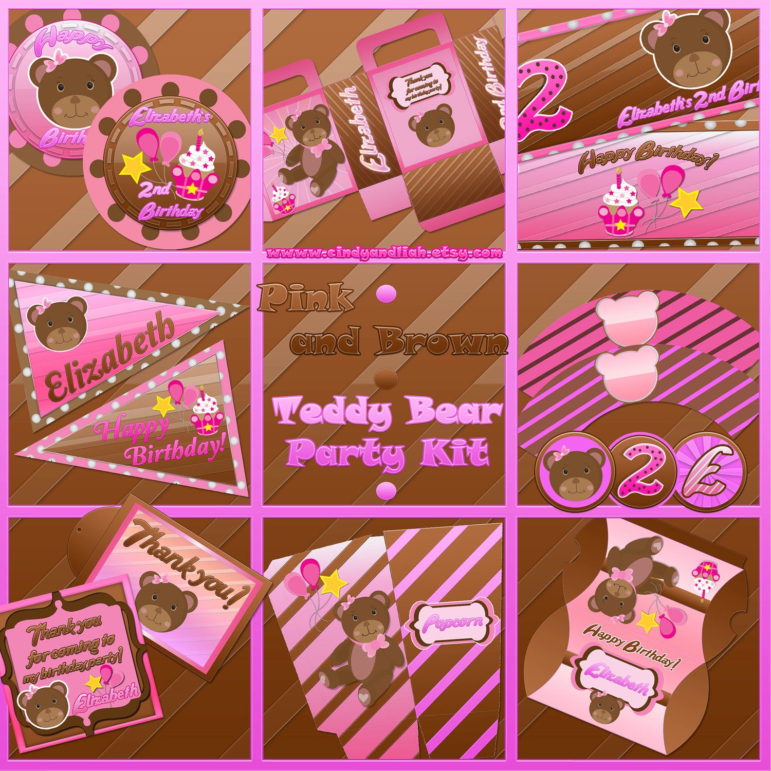 Pink and Brown Teddy Bear Birthday Party Kit - Party Printables (DIY) Il_570xn