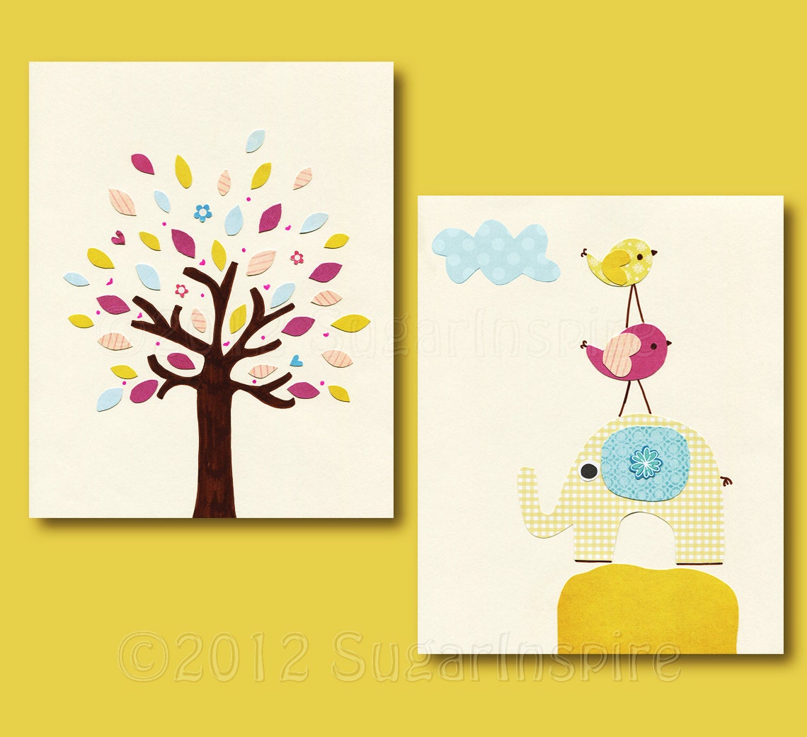 Nursery Art Print Set, Kids Room Decor, Baby / Children Wall Art - Tree, Leaves, Elephant, Love Birds - Yellow, Blue, Pink