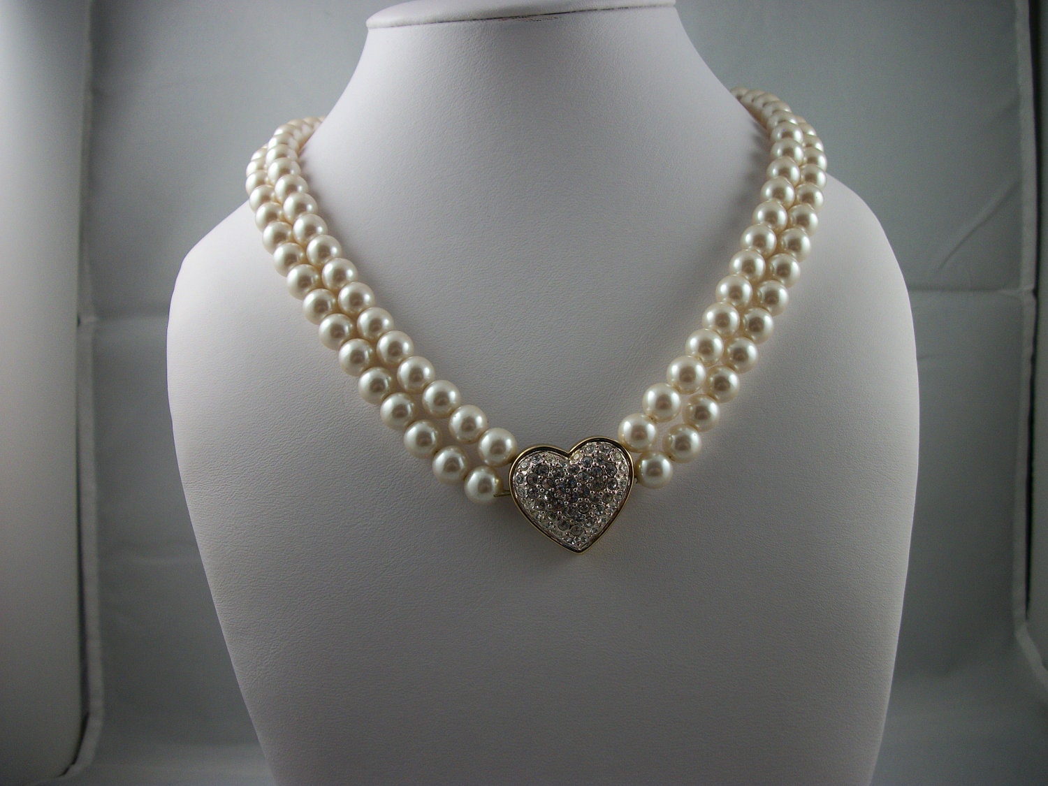 SALE  Napier vintage two-strand faux pearl necklace with R/S heart.