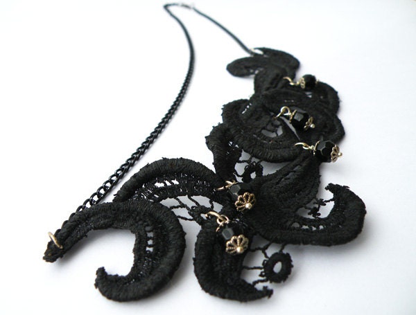 Black Lace Vintage Necklace Statement Necklace Hand Dyed Lace by SteamyLab. - SteamyLab