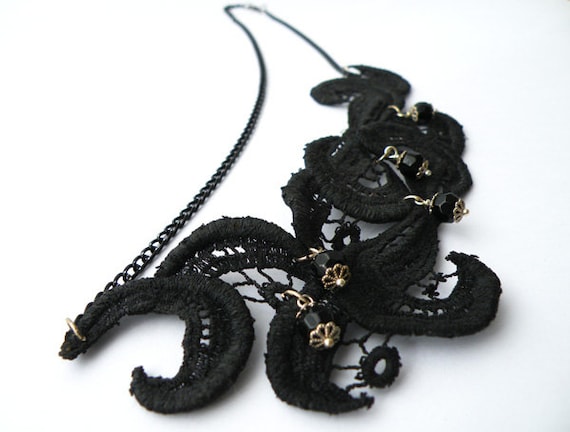 Black Lace Vintage Necklace. Statement Jewelry. Hand Dyed Lace. Unique Jewelry. Handmade by SteamyLab.