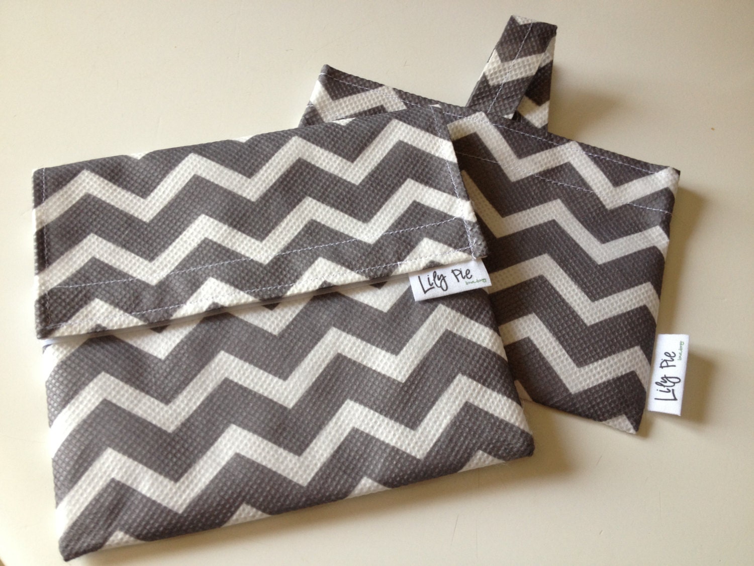 Reusable Sandwich Bag and Snack Bag Set - Gray Chevron - Velcro - ECOfriendly & Food Safe - Back to School