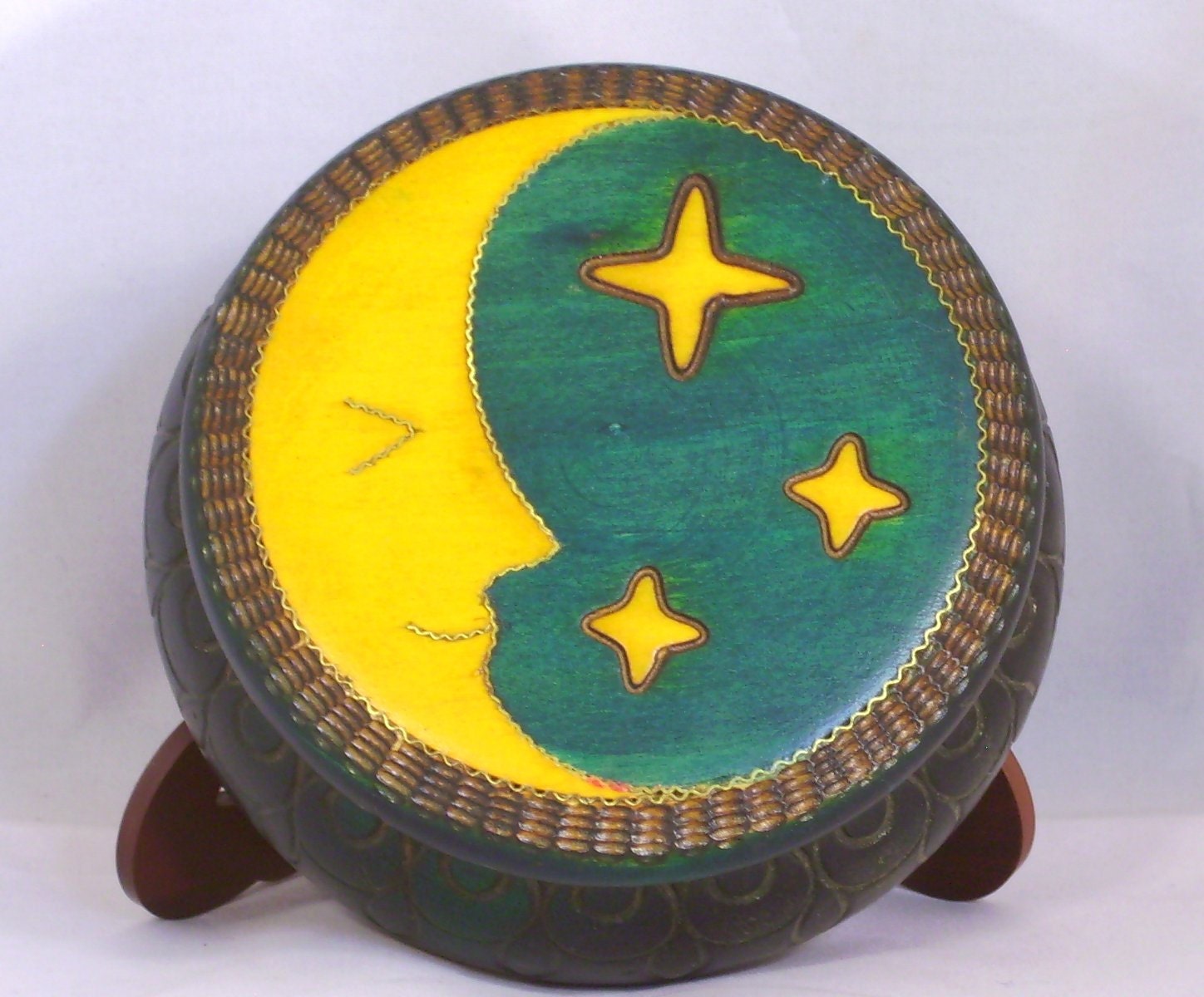 Hand Carved Made Crafted Unique Moon Star Wooden Wood Polish Jewelry Trinket Box
