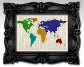 WORLD MAP ART , Multicolor- Original illustration artwork art print 8"x11", on an antique dictionary page - Vintage decor book art print.