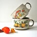 Vintage Two Winter Soup Bowls/Mugs with Orange Mushrooms and Yellow Onion Pattern on cream colour