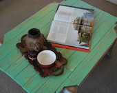 Antique Jade Coffee Table - Vintage look Handmade TOP from recycled shipping crate wood-slats, & Salvaged Base.