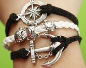 Handmade silver anchor bracelet compass bracelet Longevity turtle bracelet,black flocking leather white braided bracelet