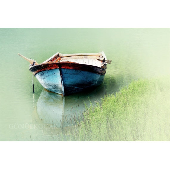 Wall decor -  boat, mint decor, pastel, lake, green decor, photography, Landscape photography, color, art, home decor, 10''x15 ''inch.