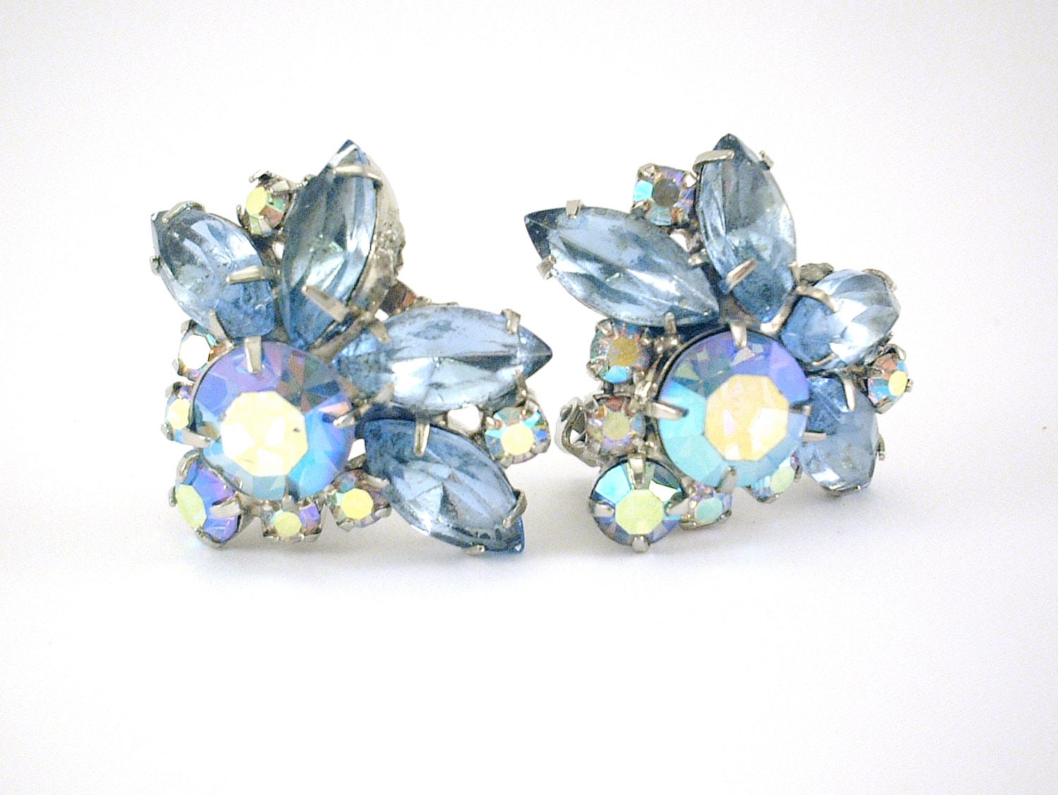 1950s Light Sapphire Blue AB Rhinestone Cluster Clip Earrings