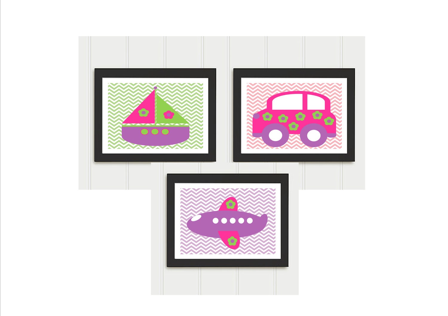 Girls' transport nursery art-children's art- art prints set-prints for girls-pink-purple-green-chevrons-car-boat-8 x 10- home decor