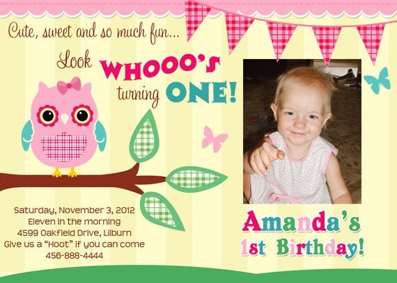 Pink and Yellow Owl with Bunting Birthday Party Invitations Il_570xn