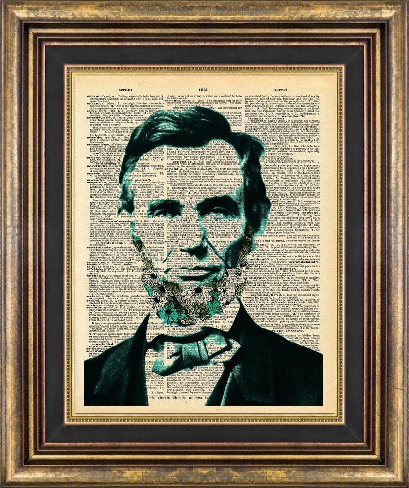 Abraham Lincoln FLOWER BEARD Dictionary Page Original Unique giftt book page art print up cycled